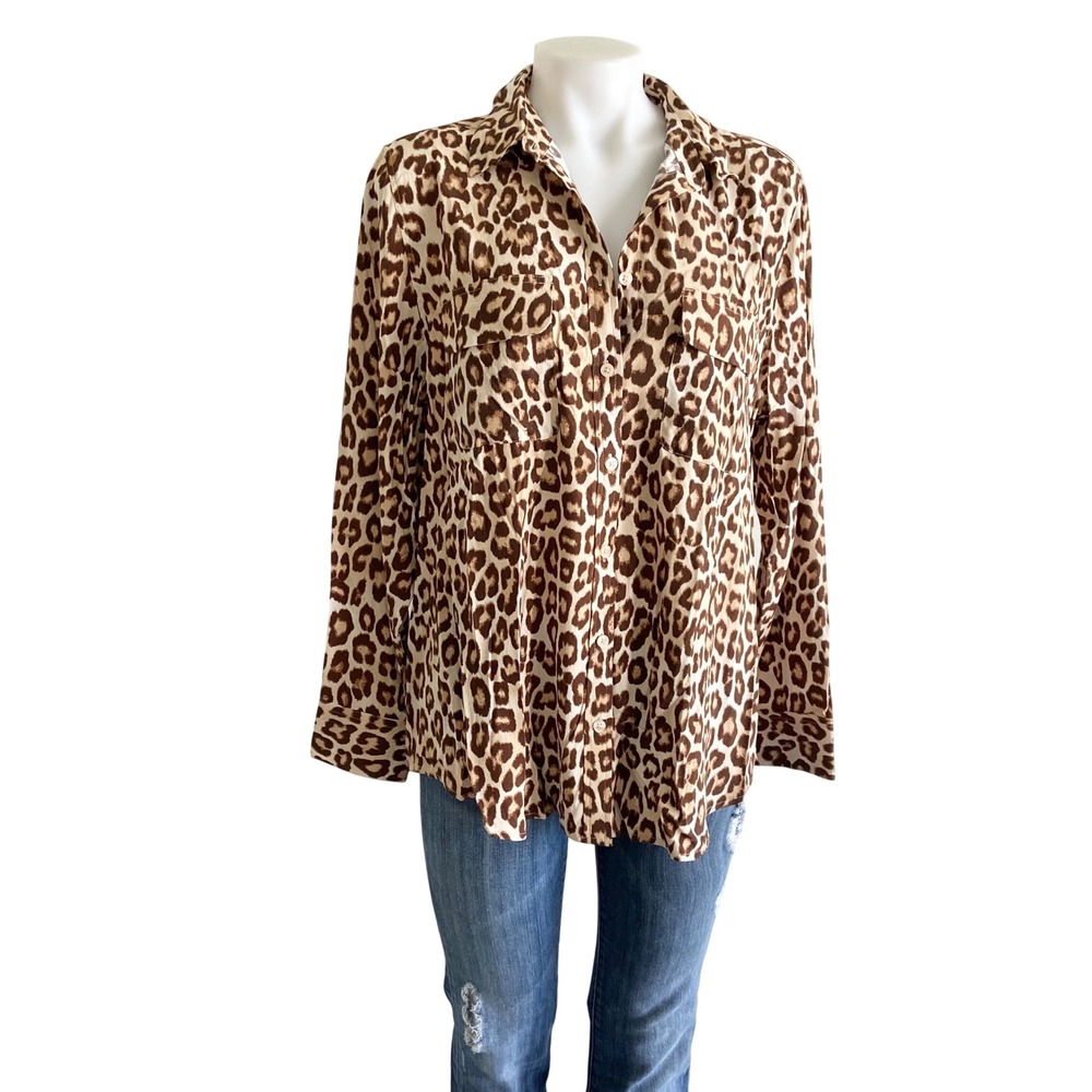 Chico's Leopard Print Button Down Shirt Brown Animal Long Sleeve Size 2 L 12/14
